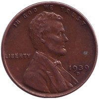 Линкольн. Монета 1 цент. 1939 год (D), США.