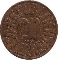 Монета 20 грошей. 1951 год, Австрия. Монета 20 грошей. 1951 год, Австрия.