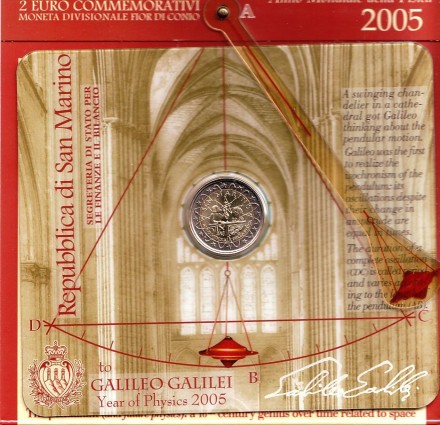 Монета 2 евро. 2005 год, Сан-Марино. (в буклете) Всемирный год физики. Галилео Галилей. Монета 2 евро. 2005 год, Сан-Марино. (в буклете) Всемирный год физики. Галилео Галилей.