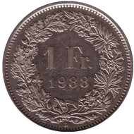 Монета 1 франк. 1988 (В) год, Швейцария. Гельвеция. Монета 1 франк. 1988 (В) год, Швейцария. Гельвеция.