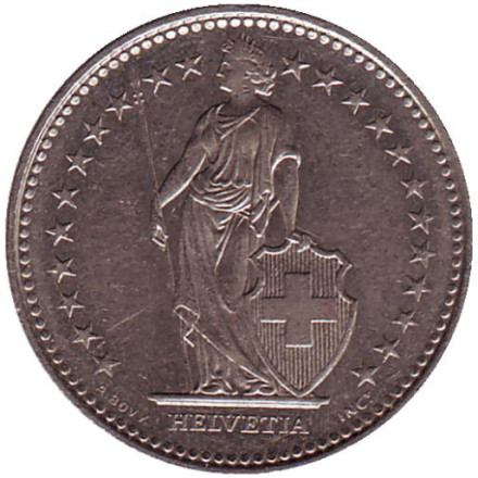 Монета 1 франк. 1988 (В) год, Швейцария. Гельвеция.