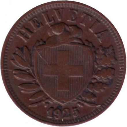 Монета 2 раппена. 1925 год, Швейцария. Монета 2 раппена. 1925 год, Швейцария.