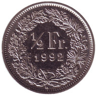 Монета 1/2 франка. 1992 год, Швейцария. Монета 1/2 франка. 1992 год, Швейцария.