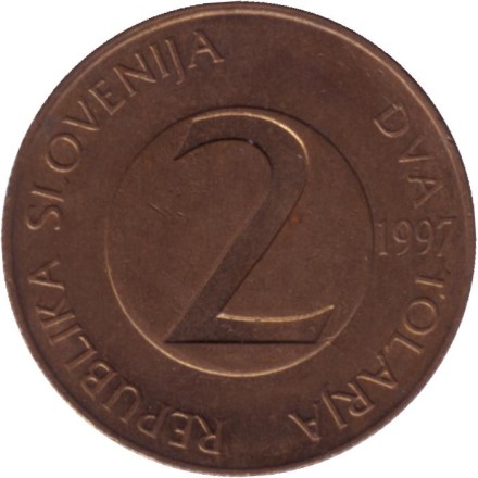 Монета 2 толара. 1997 год, Словения. Деревенская ласточка. Монета 2 толара. 1997 год, Словения. Деревенская ласточка.