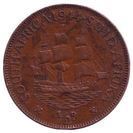 Монета 1/2 пенни. 1944 год, Южная Африка. Корабль "Дромедарис".