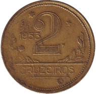 Монета 2 крузейро. 1953 год, Бразилия. Карта Бразилии. Монета 2 крузейро. 1953 год, Бразилия. Карта Бразилии.