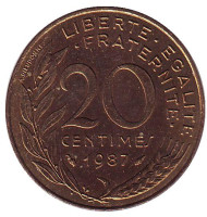 Монета 20 сантимов. 1987 год, Франция. Монета 20 сантимов. 1987 год, Франция.