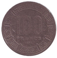 Монета 100 франков. 1975 год, Чад. Африканские антилопы. (Западные канны). Монета 100 франков. 1975 год, Чад. Африканские антилопы. (Западные канны).