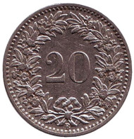 Монета 20 раппенов. 1907 год, Швейцария. Монета 20 раппенов. 1907 год, Швейцария.