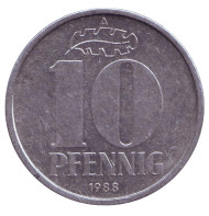 Монета 10 пфеннигов. 1988 год, ГДР. Монета 10 пфеннигов. 1988 год, ГДР.