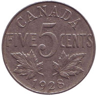 Монета 5 центов. 1928 год, Канада. Монета 5 центов. 1928 год, Канада.