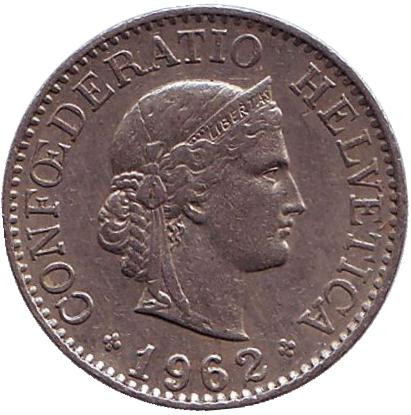Монета 10 раппенов. 1962 год, Швейцария. Монета 10 раппенов. 1962 год, Швейцария.