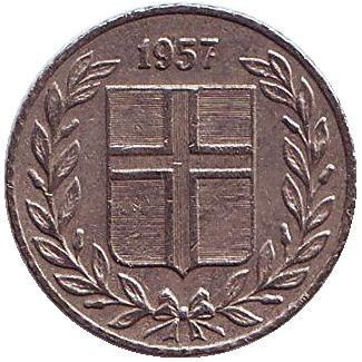 Монета 10 аураров. 1957 год, Исландия. Монета 10 аураров. 1957 год, Исландия.