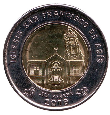 Монета 1 бальбоа. 2019 год, Панама. Церковь Святого Франциска Ассизского.