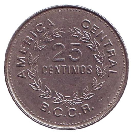 Монета 25 сантимов. 1976 год, Коста-Рика.