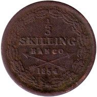 Монета 1/3 скиллинга. 1854 год, Швеция. Монета 1/3 скиллинга. 1854 год, Швеция.