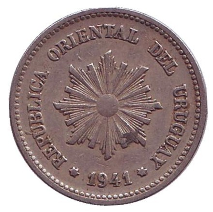 Монета 2 сентесимо. 1941 год, Уругвай.