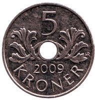 Монета 5 крон. 2009 год, Норвегия.