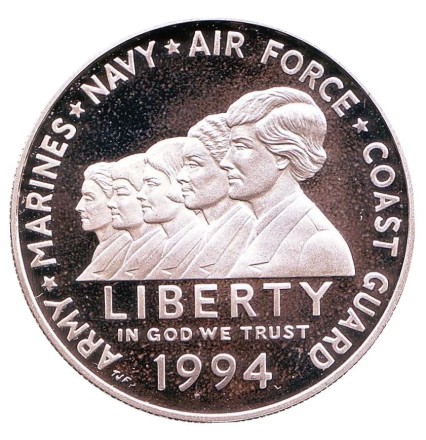 Монета 1 доллар. 1994 год, США. (Proof) Мемориал женщинам на военной службе. Монета 1 доллар. 1994 год, США. (Proof) Мемориал женщинам на военной службе.