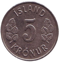 Монета 5 крон. 1977 год, Исландия. Монета 5 крон. 1977 год, Исландия.