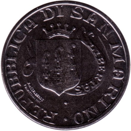 Монета 50 лир. 1989 год, Сан-Марино. Шестнадцать веков истории.