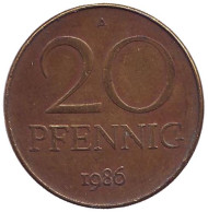 Монета 20 пфеннигов. 1986 год, ГДР. Монета 20 пфеннигов. 1986 год, ГДР.