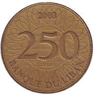 Монета 250 ливров. 2003 год, Ливан. Монета 250 ливров. 2003 год, Ливан.