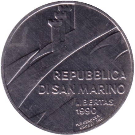 Монета 10 лир. 1990 год, Сан-Марино. Защита.