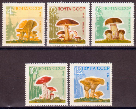 Марки почтовые Серия из 5 штук. 1964 год, СССР. Грибы.