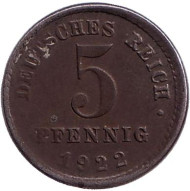 Монета 5 пфеннигов. 1922 (E) год, Германская империя. Монета 5 пфеннигов. 1922 (E) год, Германская империя.