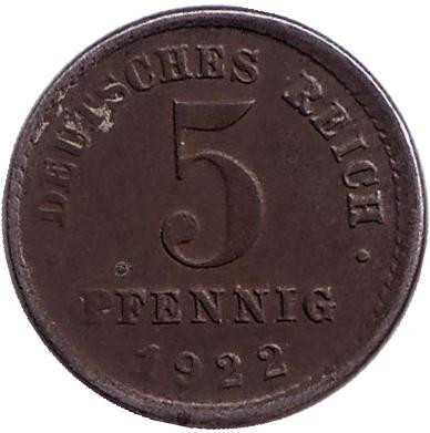 Монета 5 пфеннигов. 1922 (E) год, Германская империя.