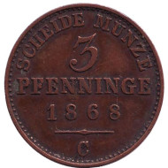 Монета 3 пфеннига. 1868 год (C), Германия. Пруссия. Монета 3 пфеннига. 1868 год (C), Германия. Пруссия.