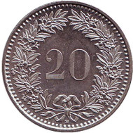 Монета 20 раппенов. 1986 год, Швейцария. Монета 20 раппенов. 1986 год, Швейцария.
