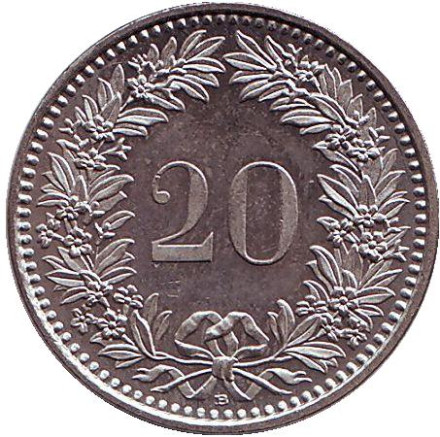 Монета 20 раппенов. 1986 год, Швейцария.
