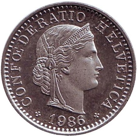 Монета 20 раппенов. 1986 год, Швейцария.