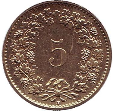 Монета 5 раппенов. 2000 год, Швейцария.