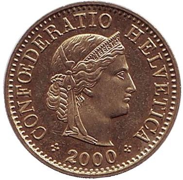 Монета 5 раппенов. 2000 год, Швейцария. Монета 5 раппенов. 2000 год, Швейцария.