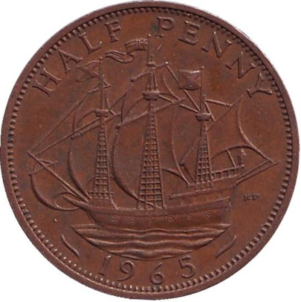 Монета 1/2 пенни. 1965 год, Великобритания. Из обращения. "Золотая лань".