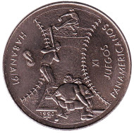 Монета 1 песо. 1990 год, Куба. XI Панамериканские игры в Гаване. Бейсбол. Монета 1 песо. 1990 год, Куба. XI Панамериканские игры в Гаване. Бейсбол.