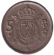 Монета 5 песет. 1975 год, Испания. (79 внутри звезды). Монета 5 песет. 1975 год, Испания. (79 внутри звезды).