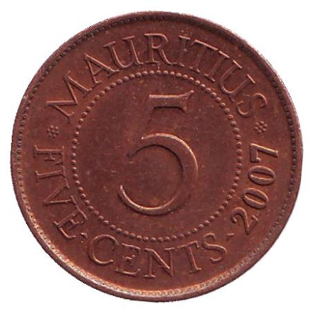 Монета 5 центов, 2007 год, Маврикий.
