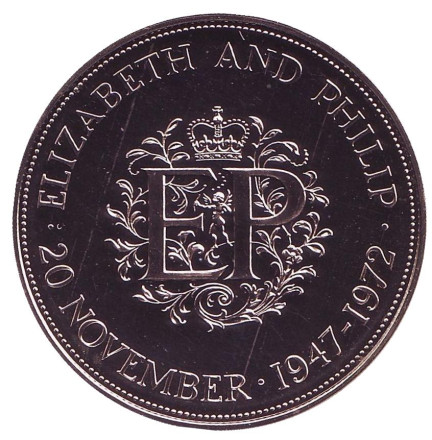 Монета 25 пенсов. 1972 год, Великобритания. Proof. Королевская серебряная свадьба.