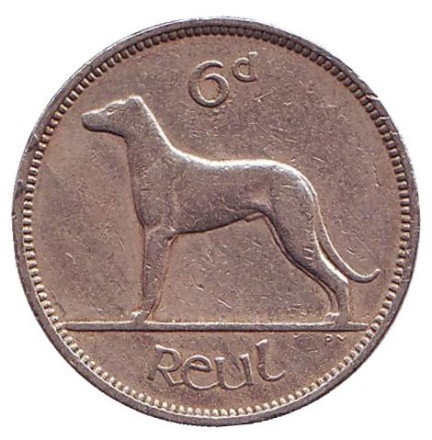 Монета 6 пенсов. 1953 год, Ирландия. Ирландский волкодав.