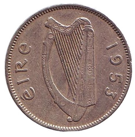 Монета 6 пенсов. 1953 год, Ирландия. Ирландский волкодав. Монета 6 пенсов. 1953 год, Ирландия. Ирландский волкодав.