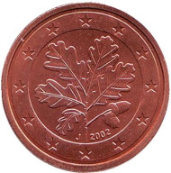 Монета 2 цента. 2002 год (J), Германия. Монета 2 цента. 2002 год (J), Германия.