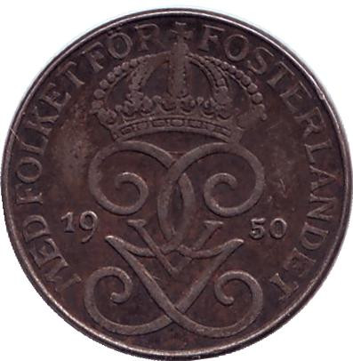 Монета 1 эре. 1950 год, Швеция. Железо.