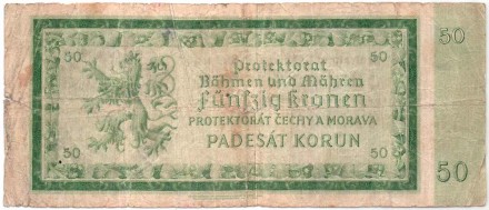 Банкнота 50 крон. 1940 год, Протекторат Богемии и Моравии. P-5.