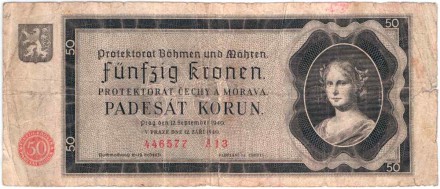 Банкнота 50 крон. 1940 год, Протекторат Богемии и Моравии. P-5.