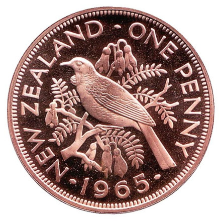 Монета 1 пенни. 1965 год, Новая Зеландия. Proof. Новозеландский туи.