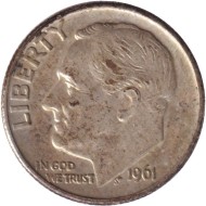 Монета 10 центов. 1961 год, США. Без обозначения монетного двора. Рузвельт. Монета 10 центов. 1961 год, США. Без обозначения монетного двора. Рузвельт.